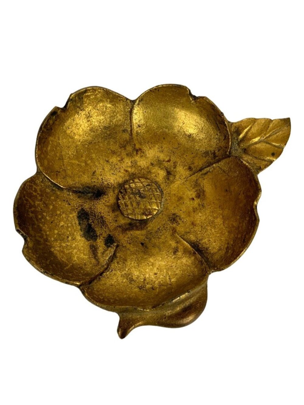Vintage Toyo Cast Iron Gold Gilded Flower Trinket Dish Japan Heavy Mid Century